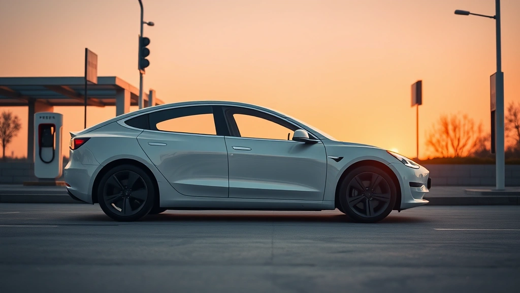 Tesla Model 3 electric sedan in pearl white multi-coat finish photographed at sunset, minimalist design with flush door handles and LED headlights visible, modern urban environment with charging infrastructure
