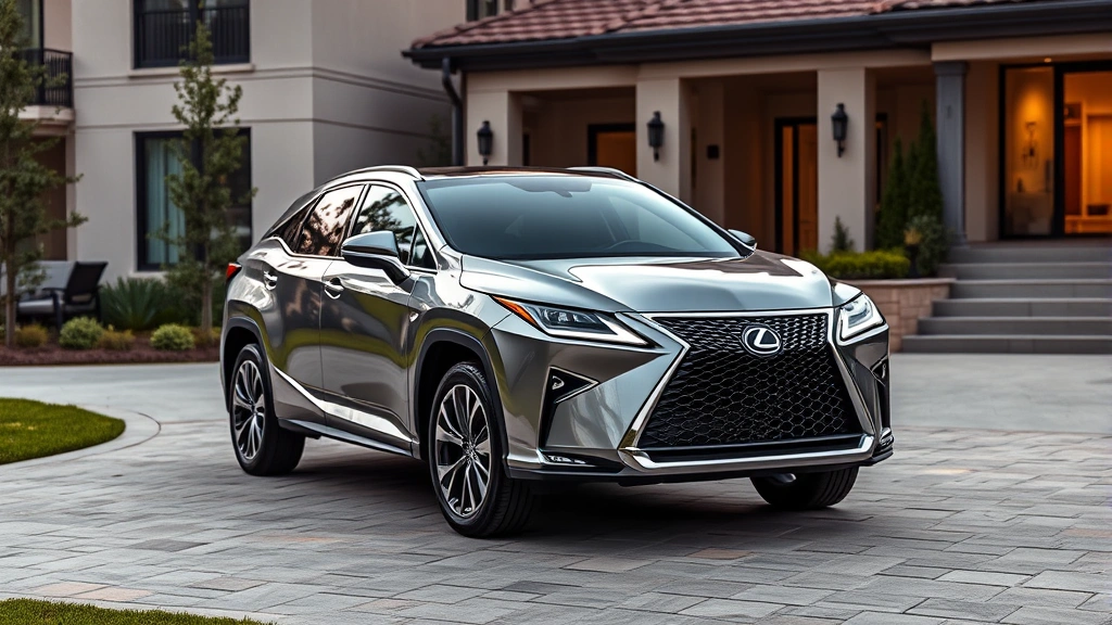 Lexus RX Hybrid luxury SUV parked in upscale residential driveway, sophisticated exterior design, metallic paint finish, modern landscaping background, professional automotive photography