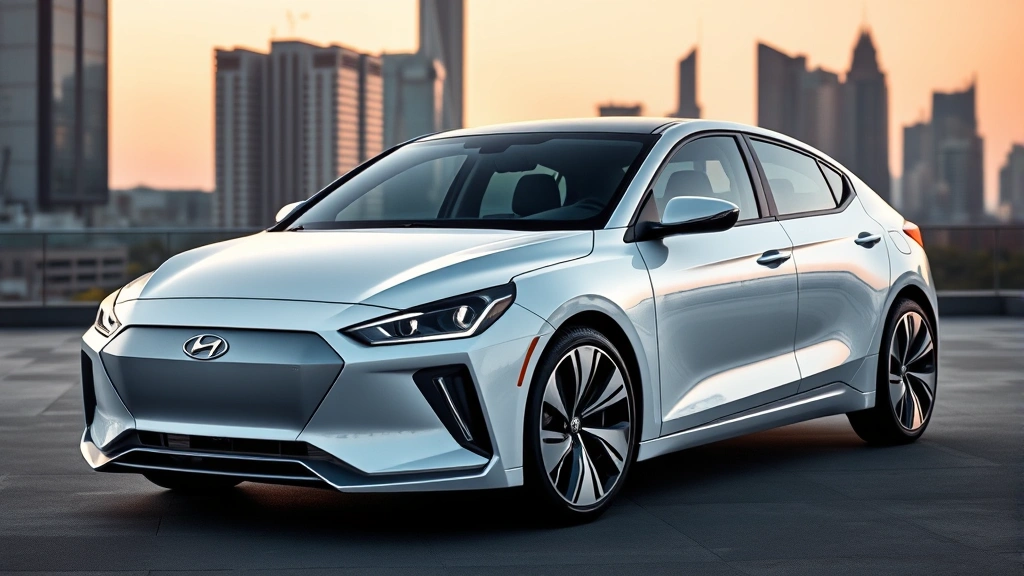 Hyundai Ioniq 6 futuristic electric sedan in pearl white finish photographed against urban cityscape, distinctive paramorphic design, modern architecture background, professional automotive lighting