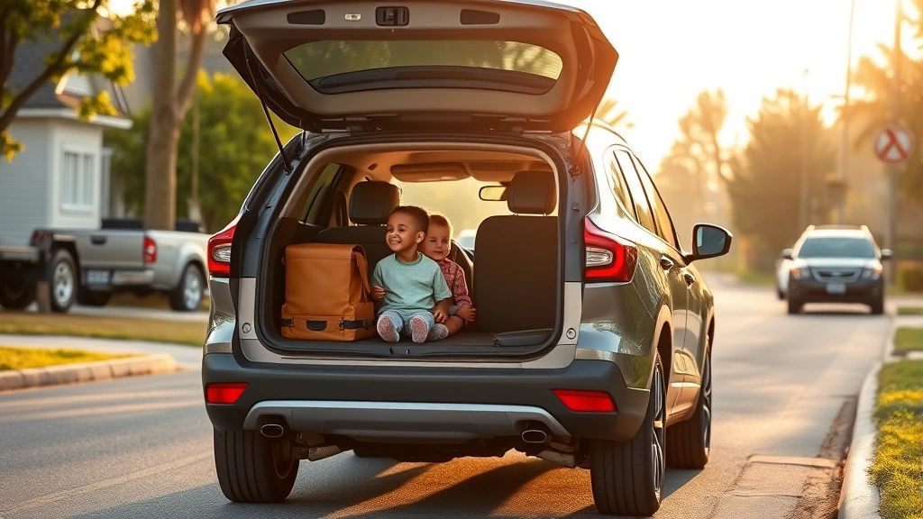 Family crossover SUV on suburban street with open cargo door displaying spacious interior, showing practical family vehicle design, afternoon sunlight, realistic photography