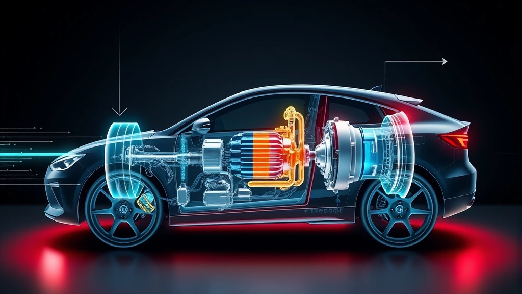 Regenerative braking system visualization showing electric motor during deceleration capturing kinetic energy, abstract technical illustration with energy conversion indicators and mechanical components