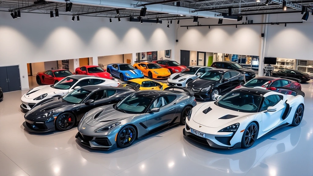 Diverse lineup of 2024 vehicles parked in modern showroom with professional lighting, luxury performance cars displayed prominently
