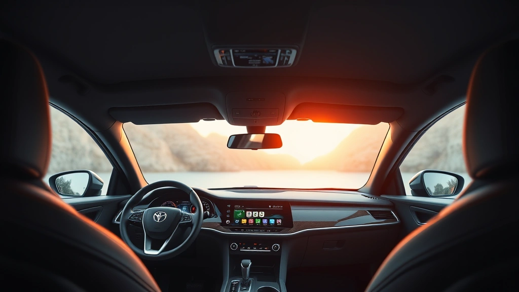 Interior cabin view of 2024 sedan dashboard displaying advanced infotainment system and modern technology interfaces, showing steering wheel, touchscreen, and ambient lighting, premium materials visible, professional studio lighting