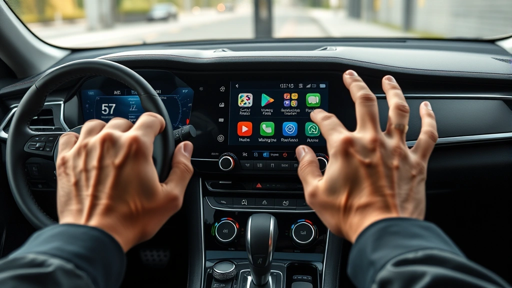 Close-up of advanced dashboard technology and infotainment system display, hands adjusting controls, modern vehicle interior