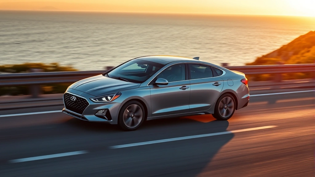 2024 Hyundai Sonata N Line sport sedan side profile dynamic driving shot on coastal highway, sunset lighting, professional automotive photography