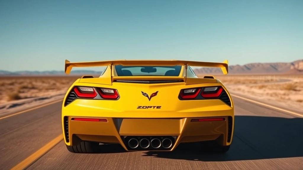 Chevrolet Corvette Z06 bright yellow sports car on empty desert highway stretching toward horizon, showcasing distinctive rear wing and aerodynamic design elements