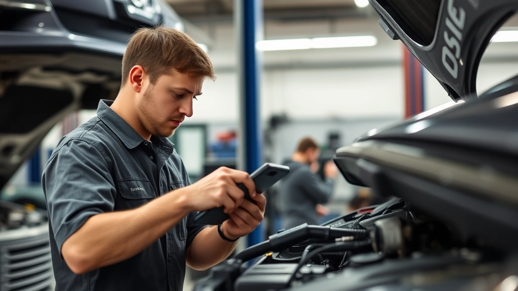 Mechanic performing routine vehicle maintenance with diagnostic tools, clean automotive service facility, professional workspace, focused on mechanical work