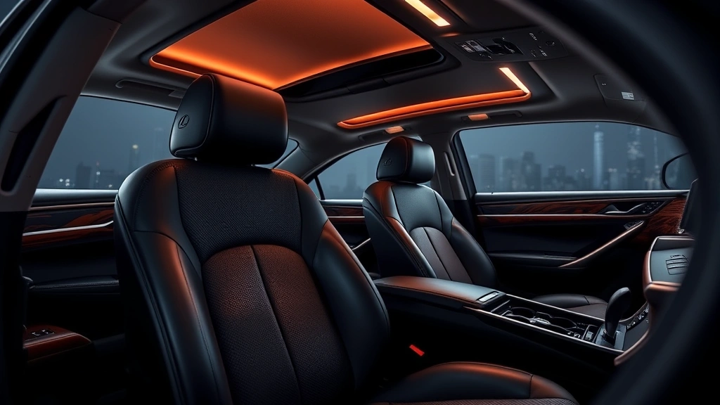 Lexus LS 500 luxury sedan in midnight black, interior close-up showing hand-stitched leather seats, wood trim details, ambient lighting, and spacious cabin, emphasizing refinement and craftsmanship