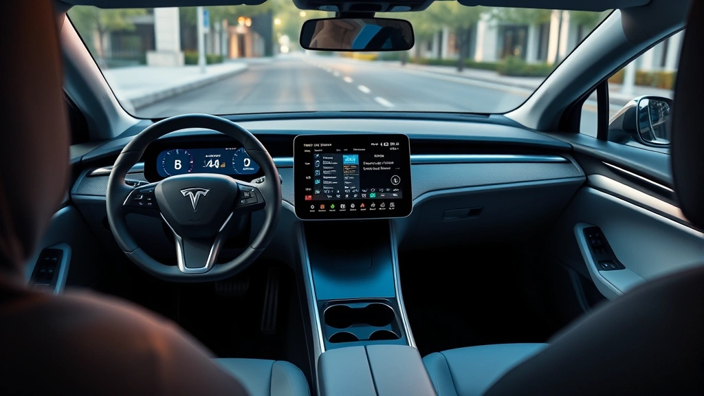 Modern electric vehicle interior dashboard showing digital displays and minimalist control layout with steering wheel, premium materials, ambient lighting, passenger seat visible