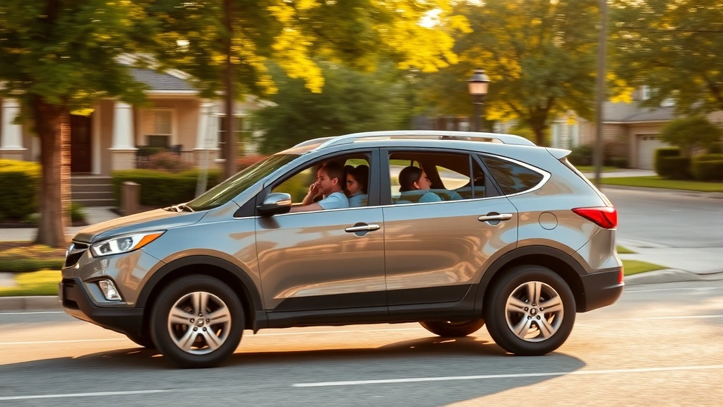 Family crossover SUV in motion on suburban street, multiple passengers visible through windows, peaceful residential setting, afternoon lighting