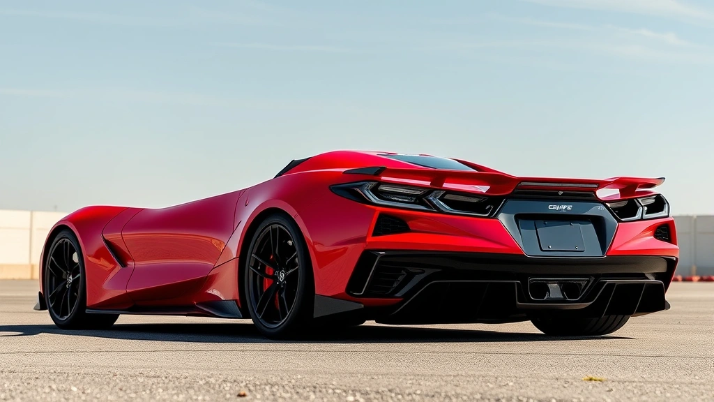 2024 Chevrolet Corvette Z06 mid-engine sports car in striking red, aggressive aerodynamic design, dramatic side profile showcasing distinctive proportions, luxury sports car excellence