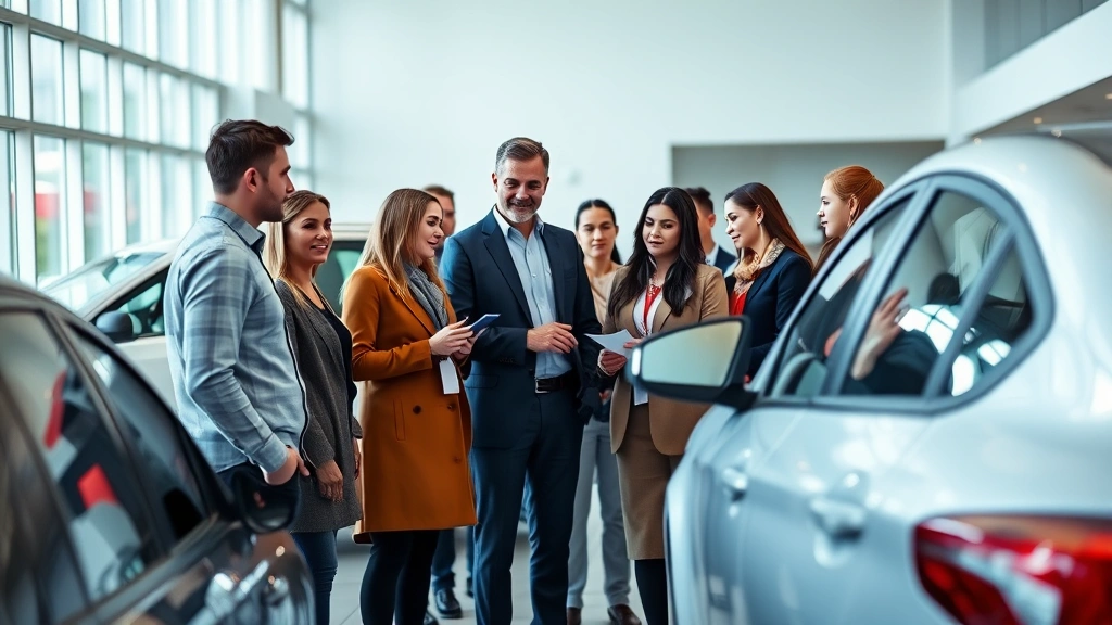Diverse group of people in automotive showroom discussing vehicles with knowledgeable sales consultant, examining sedan specifications, modern dealership interior with natural lighting