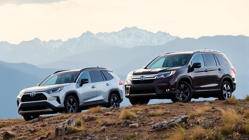 Toyota RAV4 and Honda Pilot crossovers on varied terrain with mountains in background, all-wheel-drive family vehicles in natural landscape setting