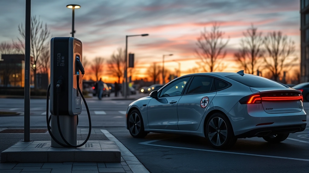 Modern electric sedan charging at public charging station at dusk, glowing charging port, contemporary urban setting, evening lighting ambiance, premium vehicle design