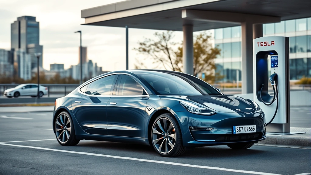 Tesla Model 3 electric sedan in midnight blue color charging at public charging station with modern urban landscape in background, contemporary photography style, focus on vehicle profile and futuristic design elements