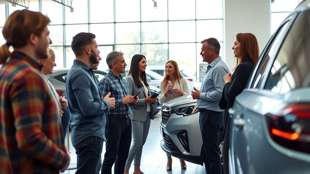 Diverse group of people examining new vehicles at dealership showroom, natural daylight streaming through large windows, modern vehicle displays, customers and salesperson discussing features