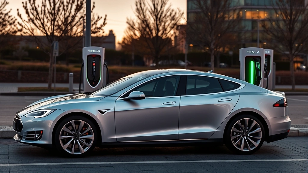 Modern electric vehicle charging station with Tesla Model S Plaid connected, sleek contemporary design with LED ambient lighting, urban charging infrastructure setting