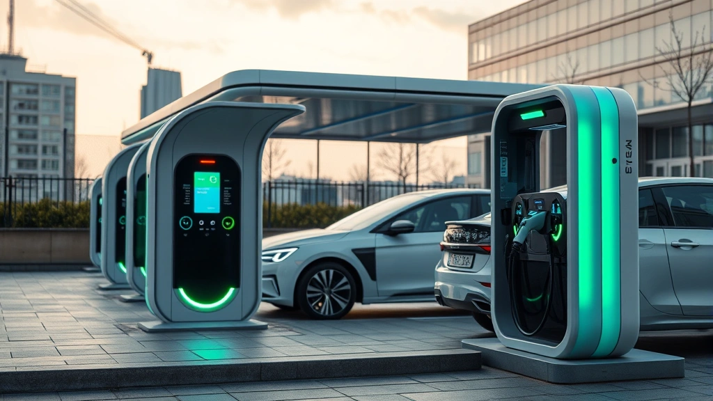 Electric vehicle charging at modern station with futuristic design, LED displays, clean energy aesthetic, urban setting with contemporary architecture in background