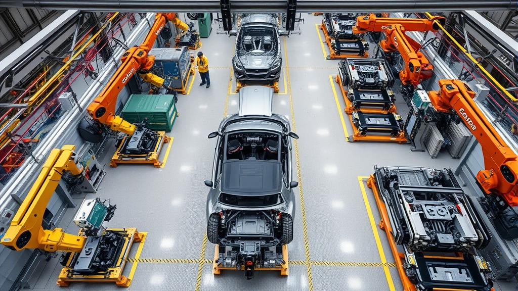 Overhead view of automotive manufacturing facility with robotic assembly equipment, battery packs, and vehicle frames in production, industrial setting with modern technology