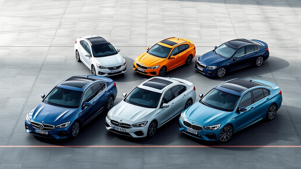 Sedan lineup comparison showing five different models parked in diagonal formation, diverse colors and styles, modern parking structure, professional automotive photography lighting