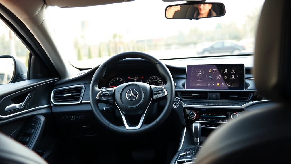 Sedan dashboard interior showing advanced touchscreen infotainment system, premium leather steering wheel, and modern climate controls in natural daylight