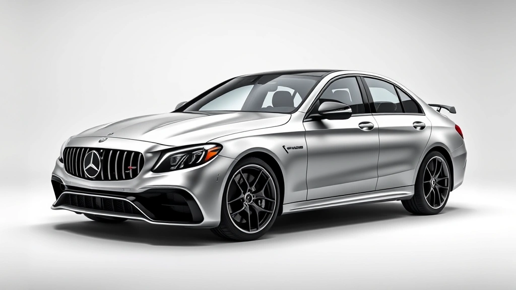 2024 Mercedes-AMG C63 luxury sport sedan photographed from three-quarter front angle in premium metallic silver, aggressive body lines visible, professional studio lighting highlighting sleek aerodynamic design and premium wheels