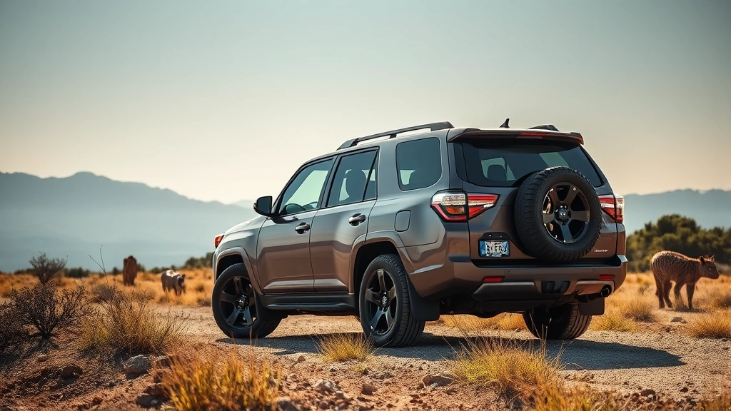Rugged three-row SUV photographed from three-quarter angle in natural landscape, showcasing capability and spacious design, professional automotive lighting