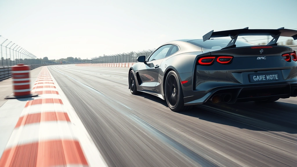 High-performance vehicle during acceleration testing on closed track, motion blur indicating speed, professional testing environment with safety barriers, clear sky, capturing dynamic driving performance evaluation, photorealistic