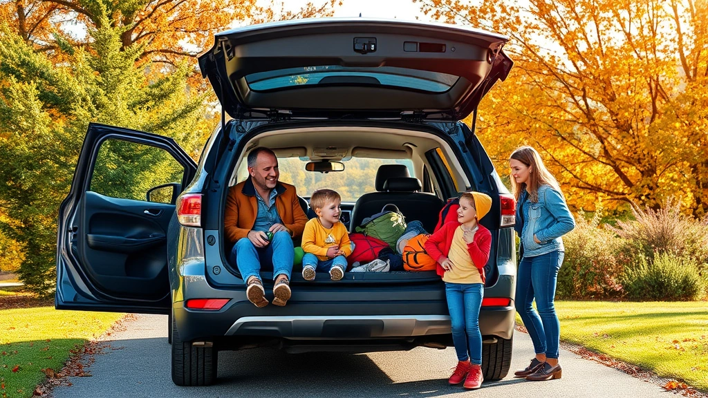 Midsize crossover parked in family driveway with open liftgate, parents and children loading camping gear and sports equipment, autumn scenery, clear sunny day with vibrant colors