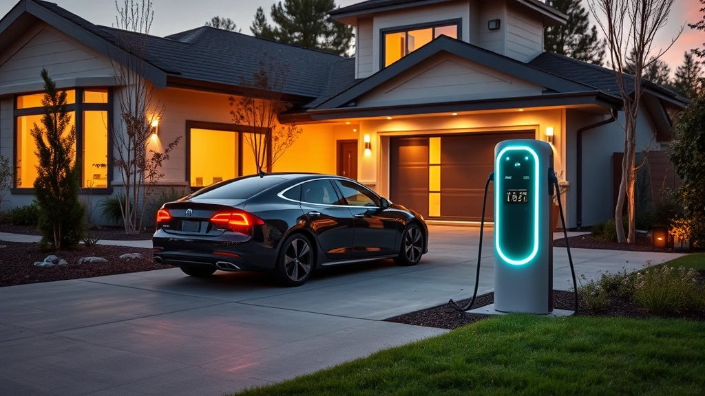 Electric sedan charging station at modern home driveway, glowing LED charging port, contemporary suburban setting with landscaping, evening golden hour lighting, clean minimalist composition