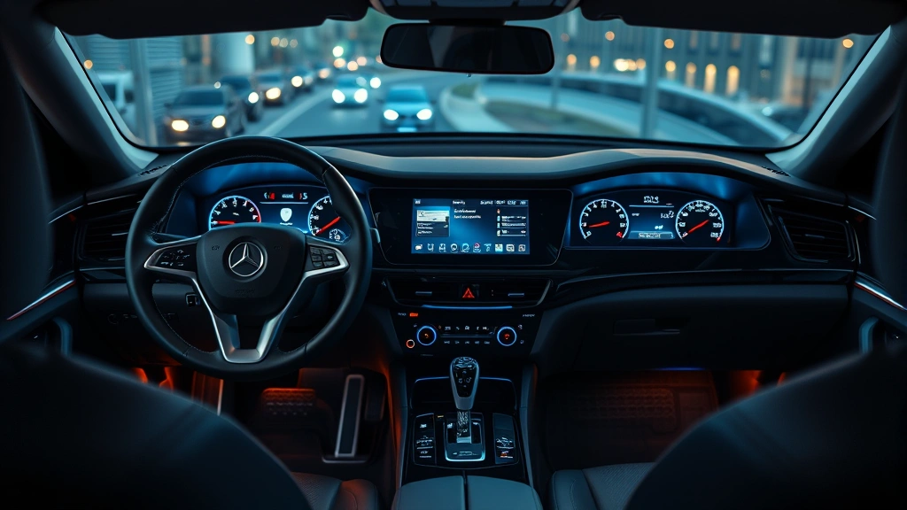 Interior detail shot of premium sedan dashboard featuring advanced touchscreen infotainment system, ambient lighting, leather steering wheel, and modern gauge cluster