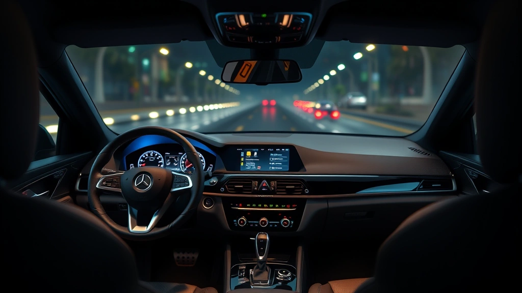 Premium sedan interior dashboard with digital displays and steering wheel, soft ambient lighting, luxury materials and controls visible
