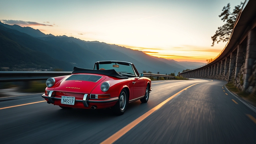 Porsche 911 Carrera in classic guards red convertible, driving on winding mountain road with scenic landscape background, dynamic motion photography, sunset golden hour lighting