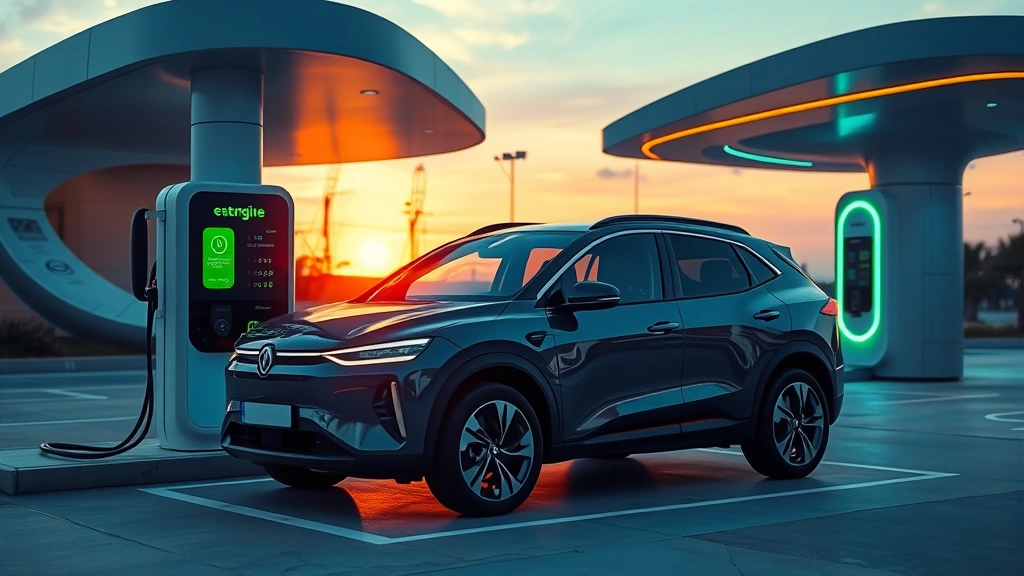 Electric SUV charging at modern station with futuristic architecture, sunset glow, contemporary design elements, clean aesthetic without visible displays