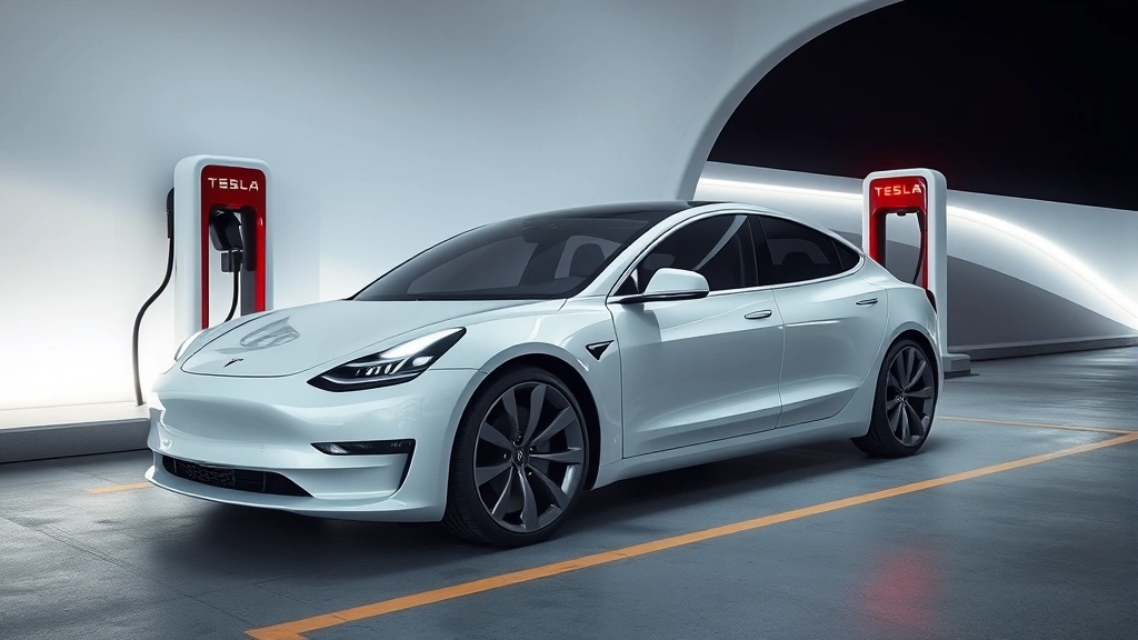 Futuristic Tesla Model 3 electric sedan charging at modern station, minimalist design, contemporary automotive imagery