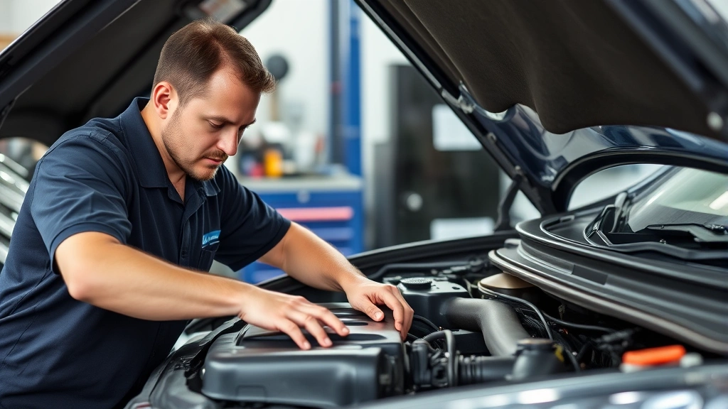 Experienced automotive technician performing routine maintenance on vehicle engine bay, demonstrating professional hands-on automotive expertise and service quality