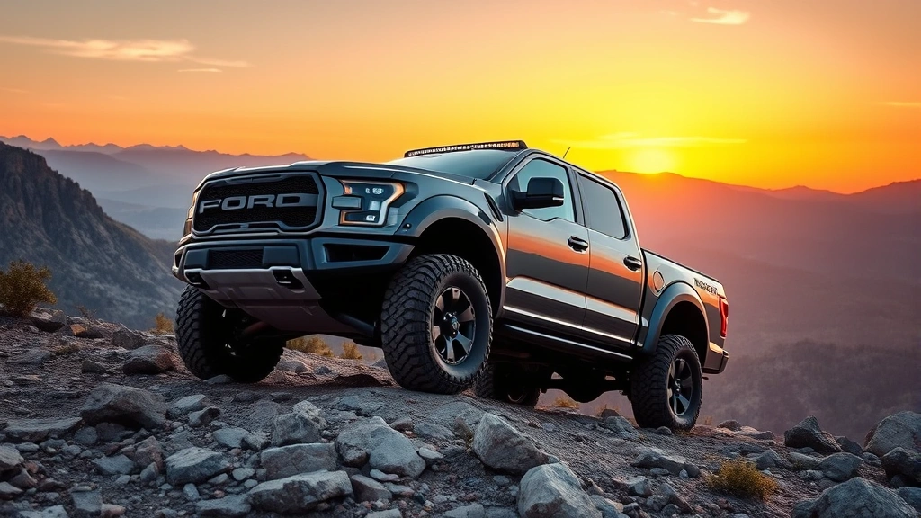 Off-road capable pickup truck on rocky terrain at sunset, lifted suspension visible, rugged outdoor adventure scene with mountains in background, professional automotive lifestyle photography with warm golden hour lighting