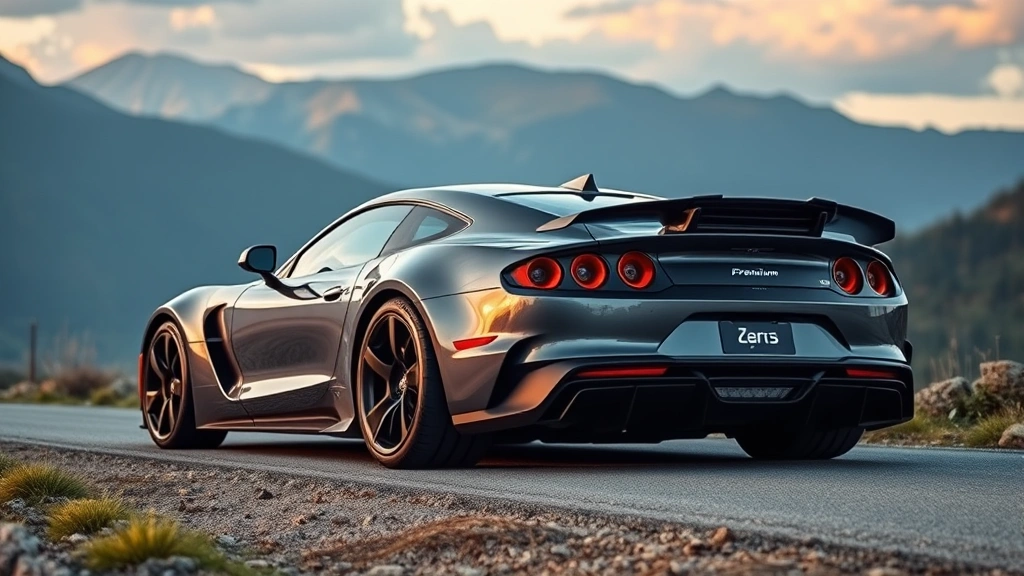 Performance sports car rear three-quarter view emphasizing aggressive aerodynamic lines, wide stance, and premium wheel design on mountain road