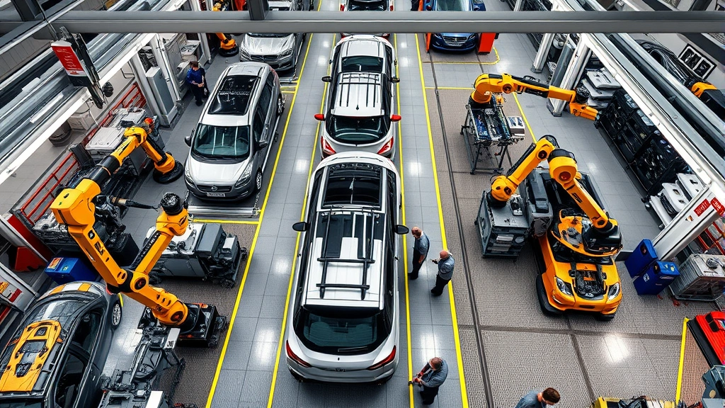Overhead view of automotive manufacturing facility with multiple vehicles on assembly line, robots and workers collaborating on quality control
