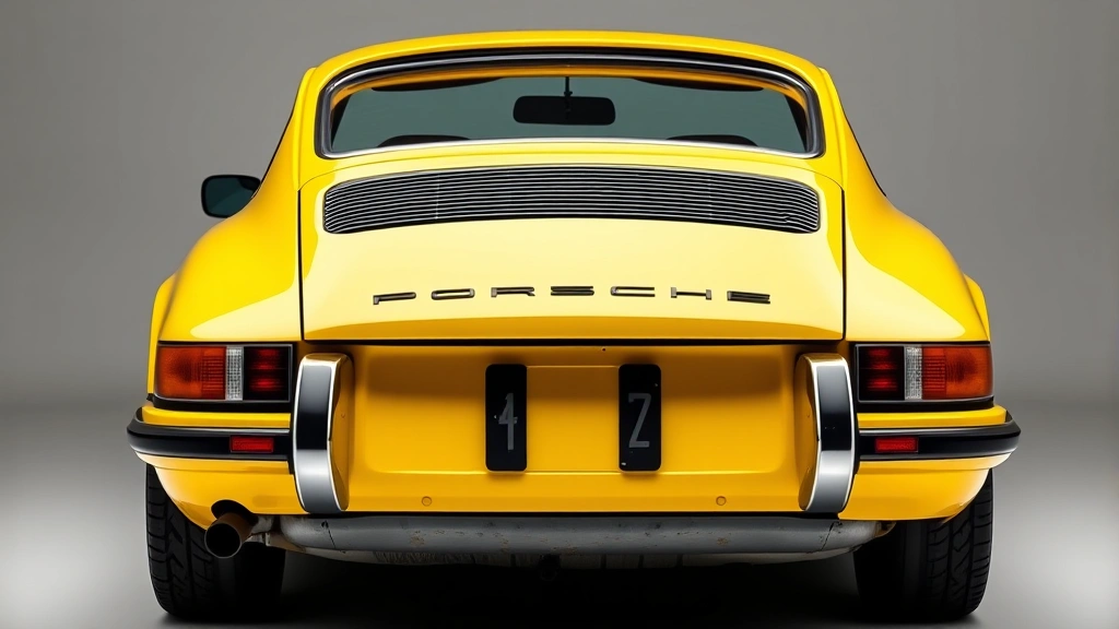 Porsche 911 Carrera T in Racing Yellow, rear three-quarter angle emphasizing iconic shape, manual transmission detail visible, professional studio lighting, classic sports car elegance