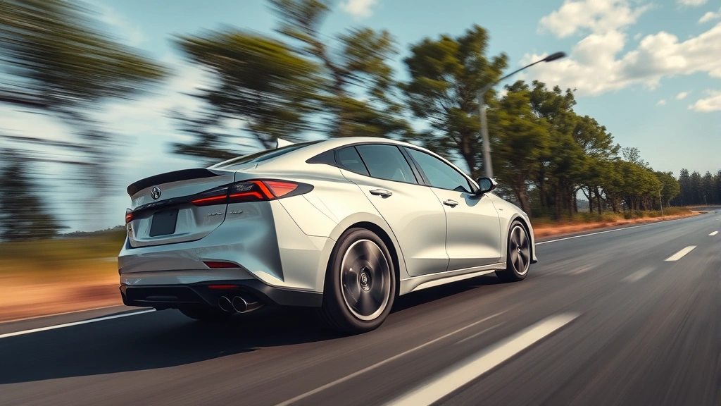 Electric sedan performing acceleration on open road, dynamic motion blur background, low angle perspective, aggressive styling, high-speed driving, professional automotive photography