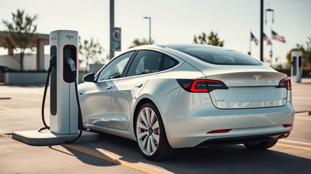 2024 Tesla Model 3 charging at public charging station, white exterior, modern EV design, daylight automotive photography, clean composition