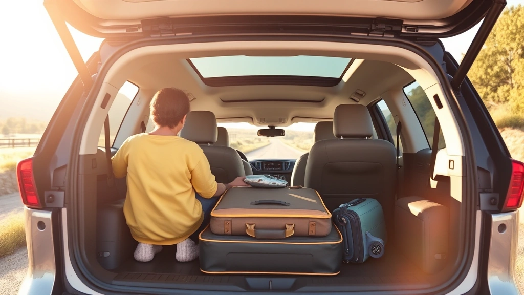 Family road trip scene with Kia EV9 three-row electric SUV photographed from three-quarter angle showing spacious interior cabin, open cargo area with luggage, natural daylight streaming through panoramic windows