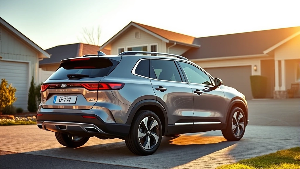 Kia EV9 three-row electric SUV photographed from side angle in family driveway setting, showing spacious design and modern LED lighting, warm afternoon sunlight