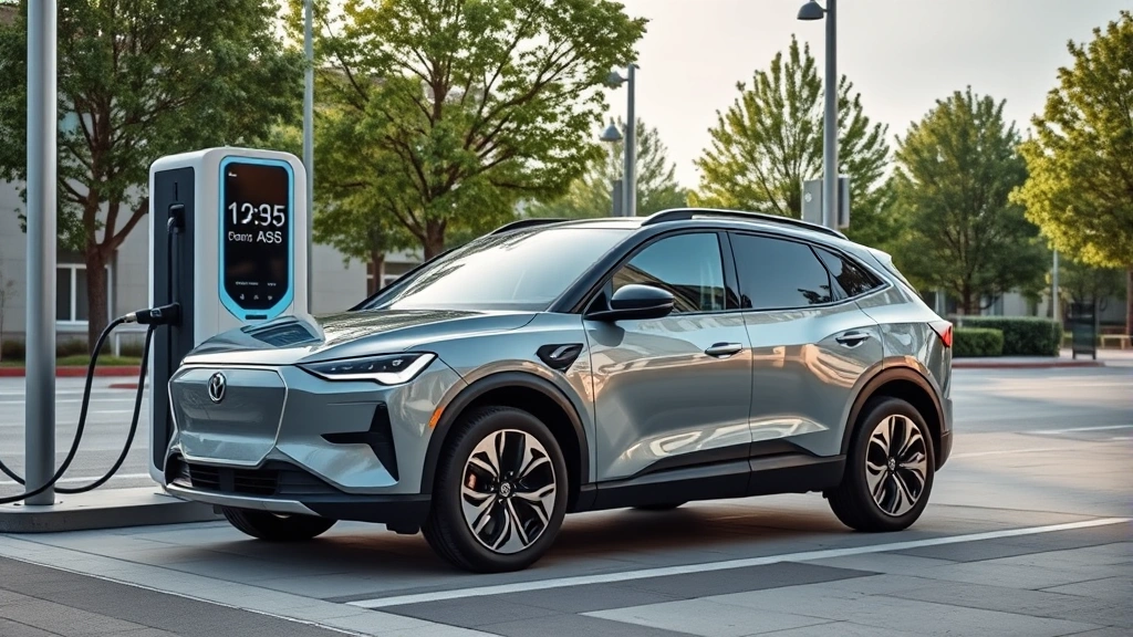 Modern electric SUV charging at public charging station, LED display showing charging status, contemporary minimalist design, urban setting with trees, sustainable transportation concept