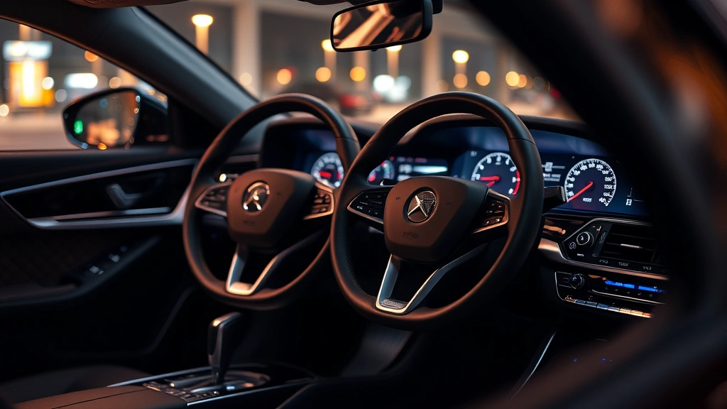 Luxury sedan interior dashboard and steering wheel, premium materials, ambient lighting, refined cabin environment, detailed automotive shot