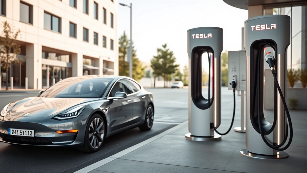 Tesla Model 3 charging at Supercharger station, sleek electric sedan profile, modern charging equipment, urban setting with clean architecture, futuristic automotive technology aesthetic