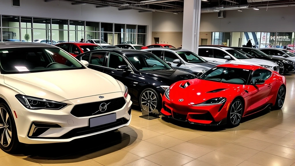 Group of diverse new vehicles from different segments parked in dealership showroom, including sedan, crossover, and sports car, professional lighting highlighting design details and paint finishes
