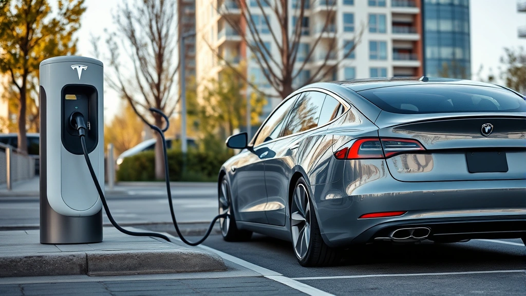Electric sedan charging at modern charging station, Tesla Model 3 or BMW i4 visible, contemporary urban environment, daytime shot emphasizing charging technology and sustainable transportation