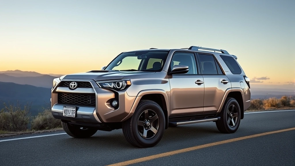 Toyota 4Runner new generation SUV photographed outdoors on scenic mountain road, showcasing rugged capability and modern design, natural daylight with distant landscape backdrop